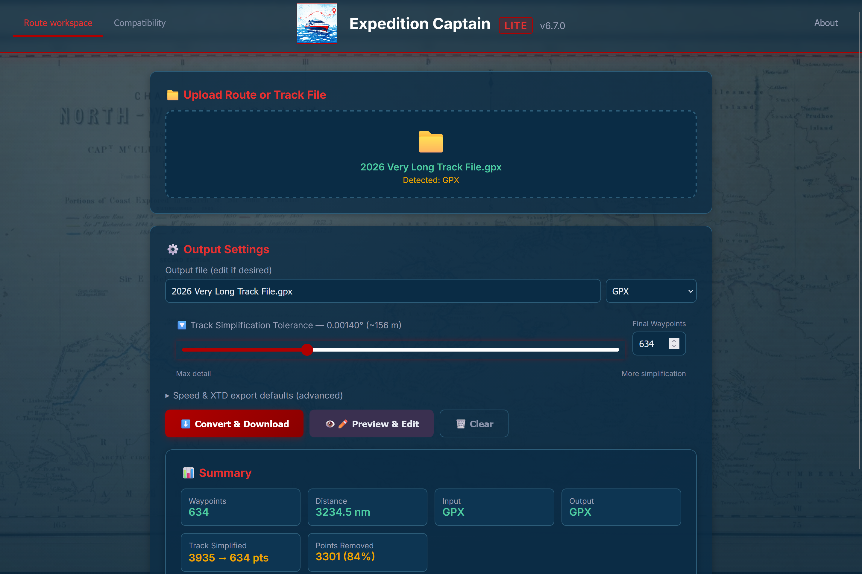 Large track import with simplification controls and statistics