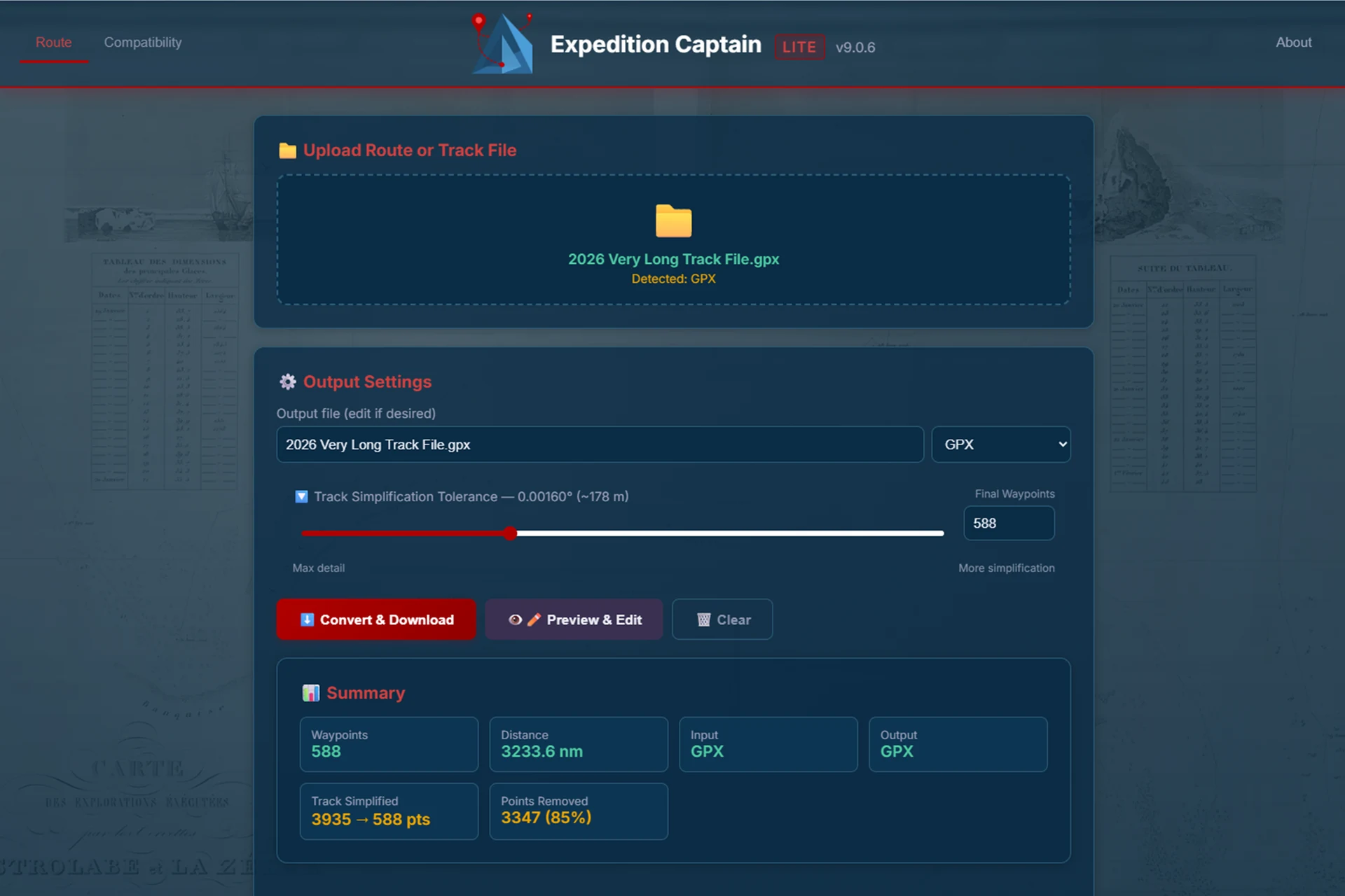 Large track import with simplification controls and statistics