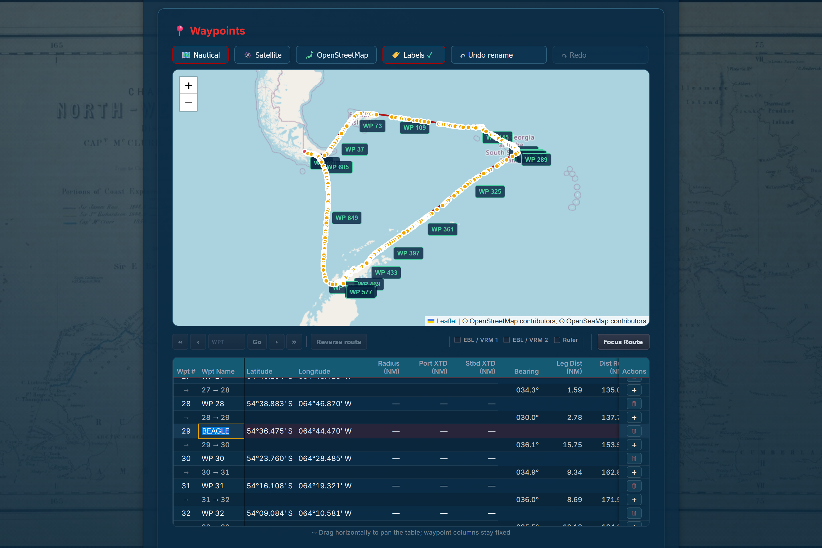 Long expedition route with waypoint table and inline name editing
