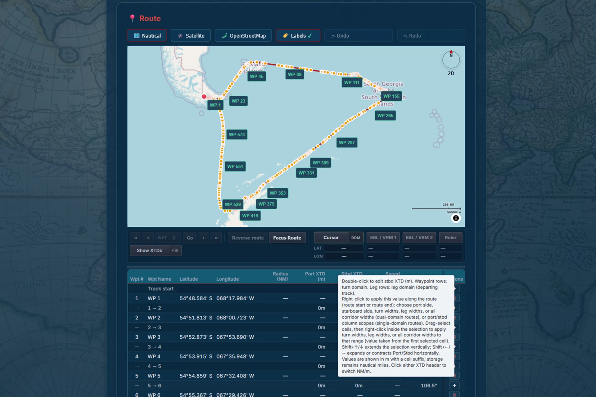 Long expedition route with waypoint table and inline name editing