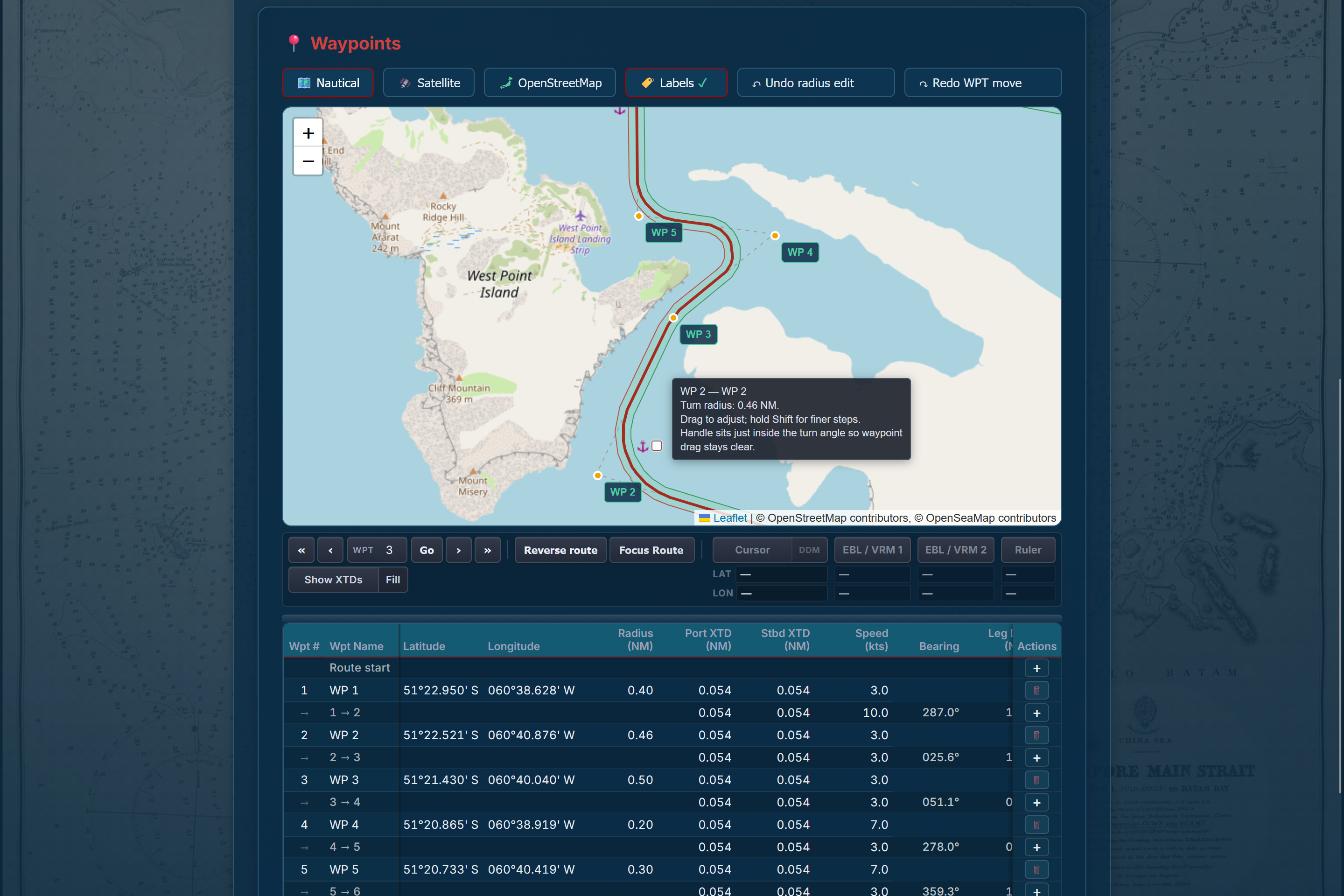 Route geometry with turn radii and radius handle on chart