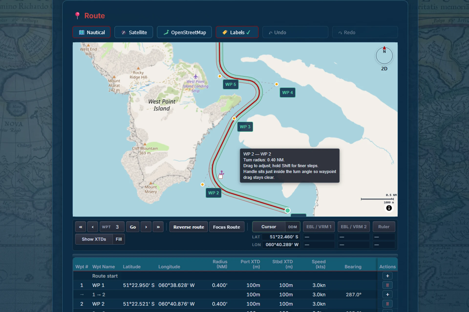 Route geometry with turn radii and radius handle on chart