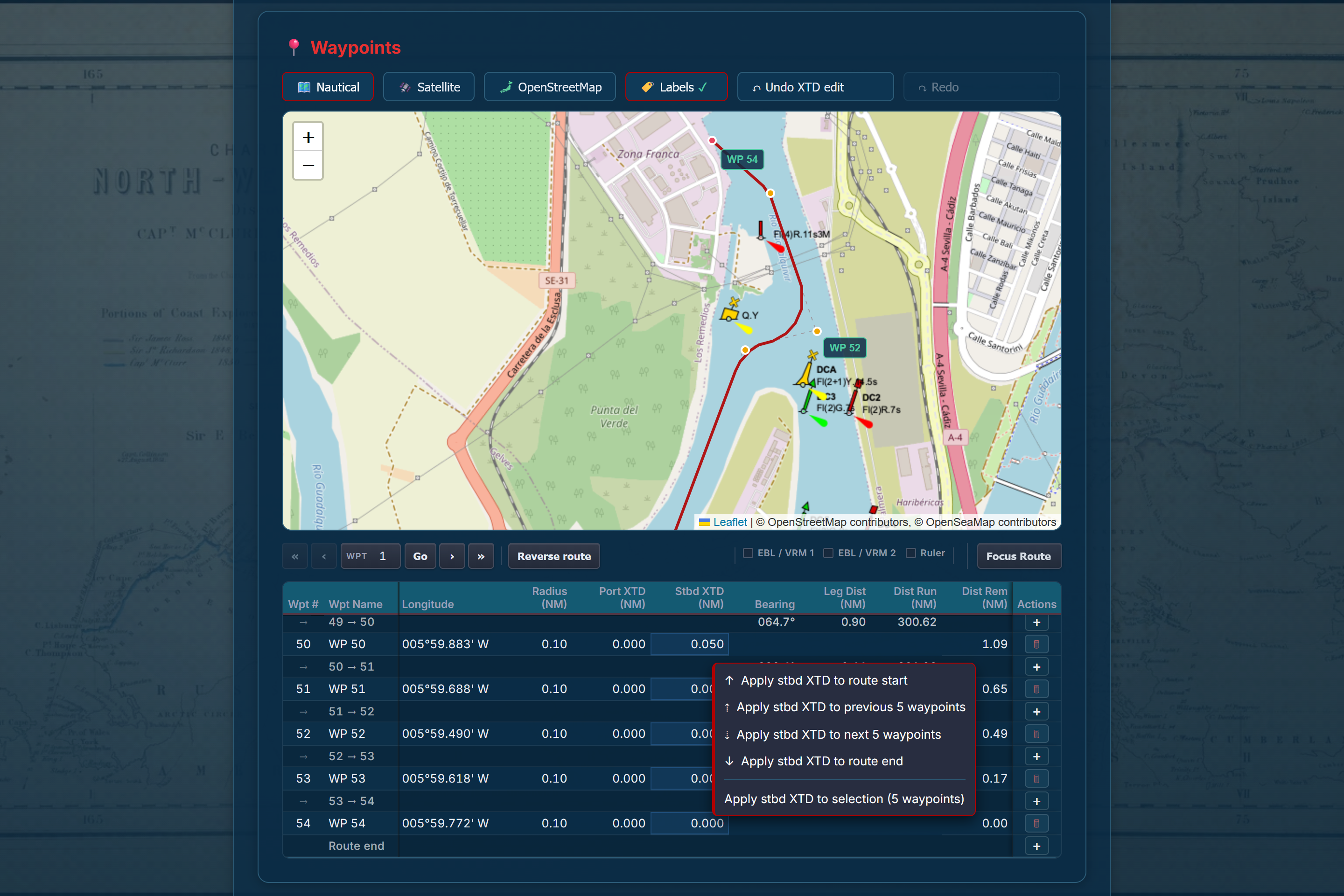 Harbour approach with corridor selection and cross-track context menu