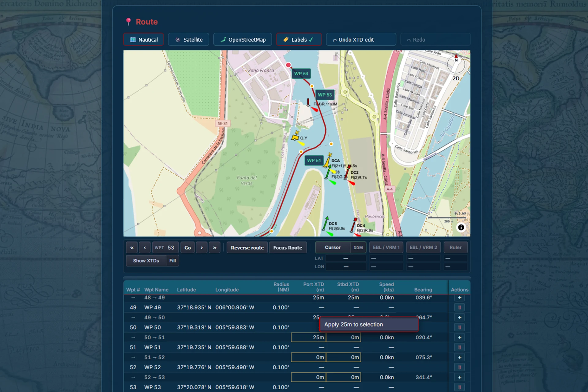 Harbour approach with corridor selection and cross-track context menu